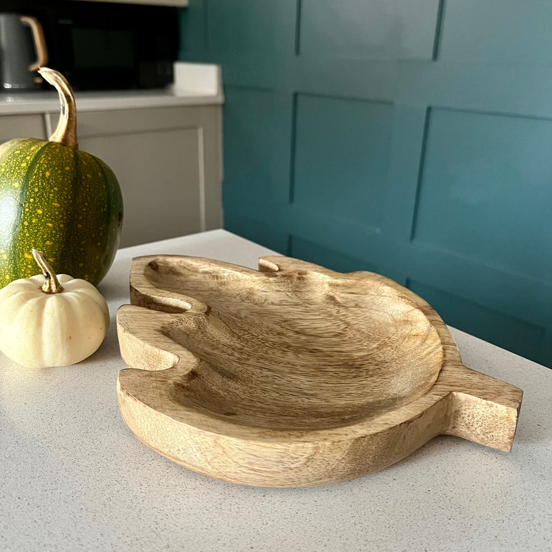 Autumn Leaf Shaped Brown Natural Mango Wood Tray