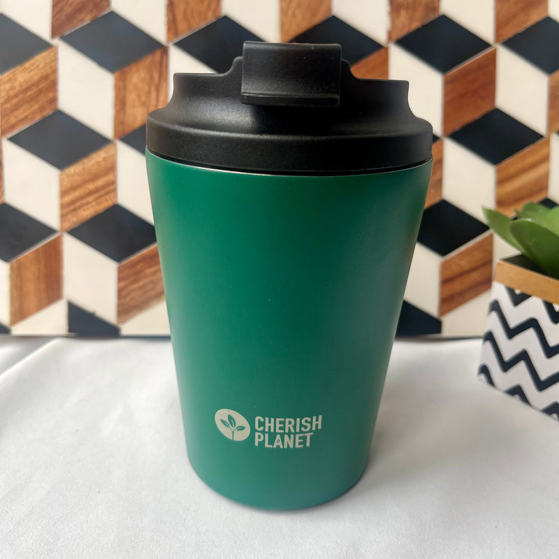 Cherish Planet Green Coffee Mug 360ml - Portable Stainless Steel 12oz Coffee Cup for Home & Office
