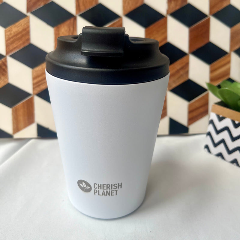 Cherish Planet White Coffee Mug 360ml - Portable Stainless Steel 12oz Coffee Cup for Home & Office
