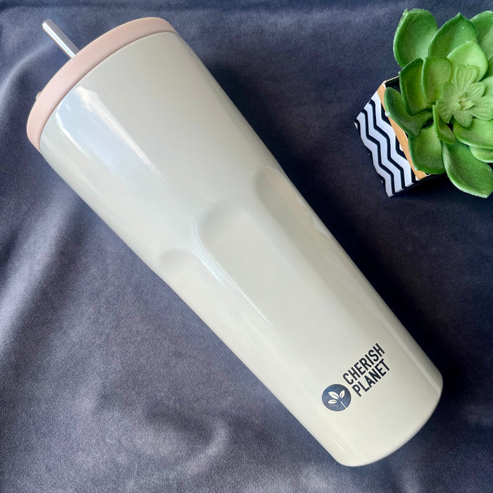 Cherish Planet Beige Thermos Cup with Built-in Straw 700ml - Large Capacity, Leak-Proof, Stylish