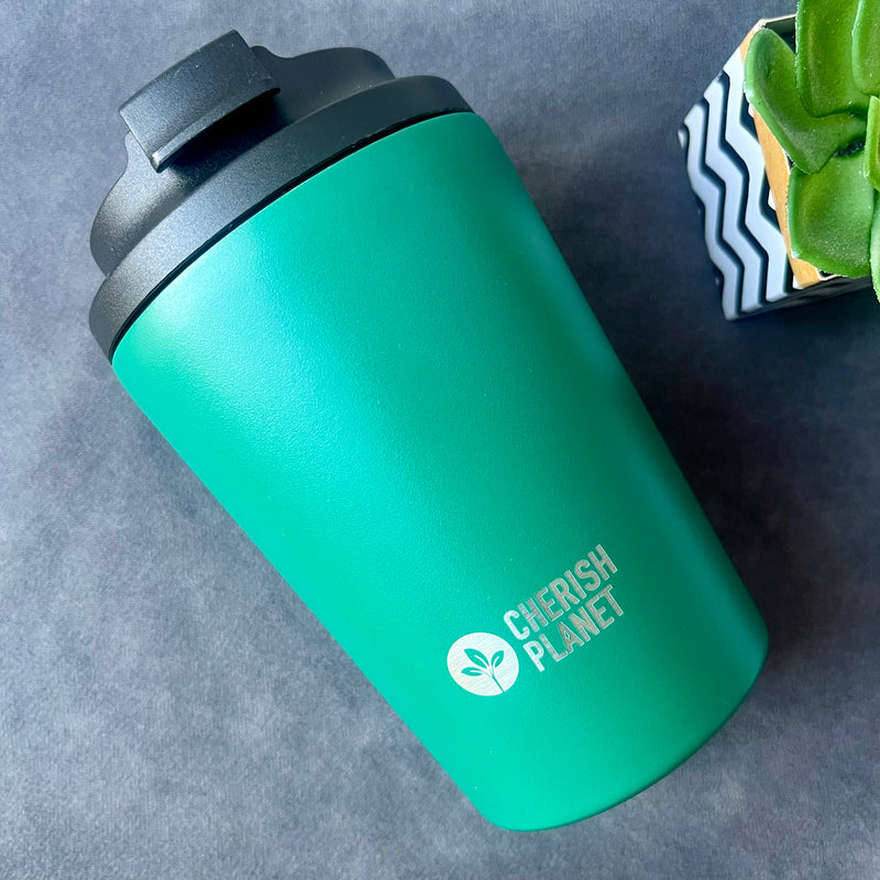 Cherish Planet Green Coffee Mug 360ml - Portable Stainless Steel 12oz Coffee Cup for Home & Office