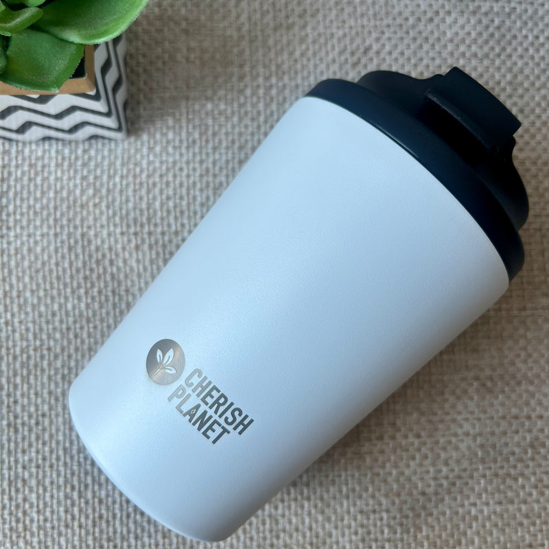 Cherish Planet White Coffee Mug 360ml - Portable Stainless Steel 12oz Coffee Cup for Home & Office