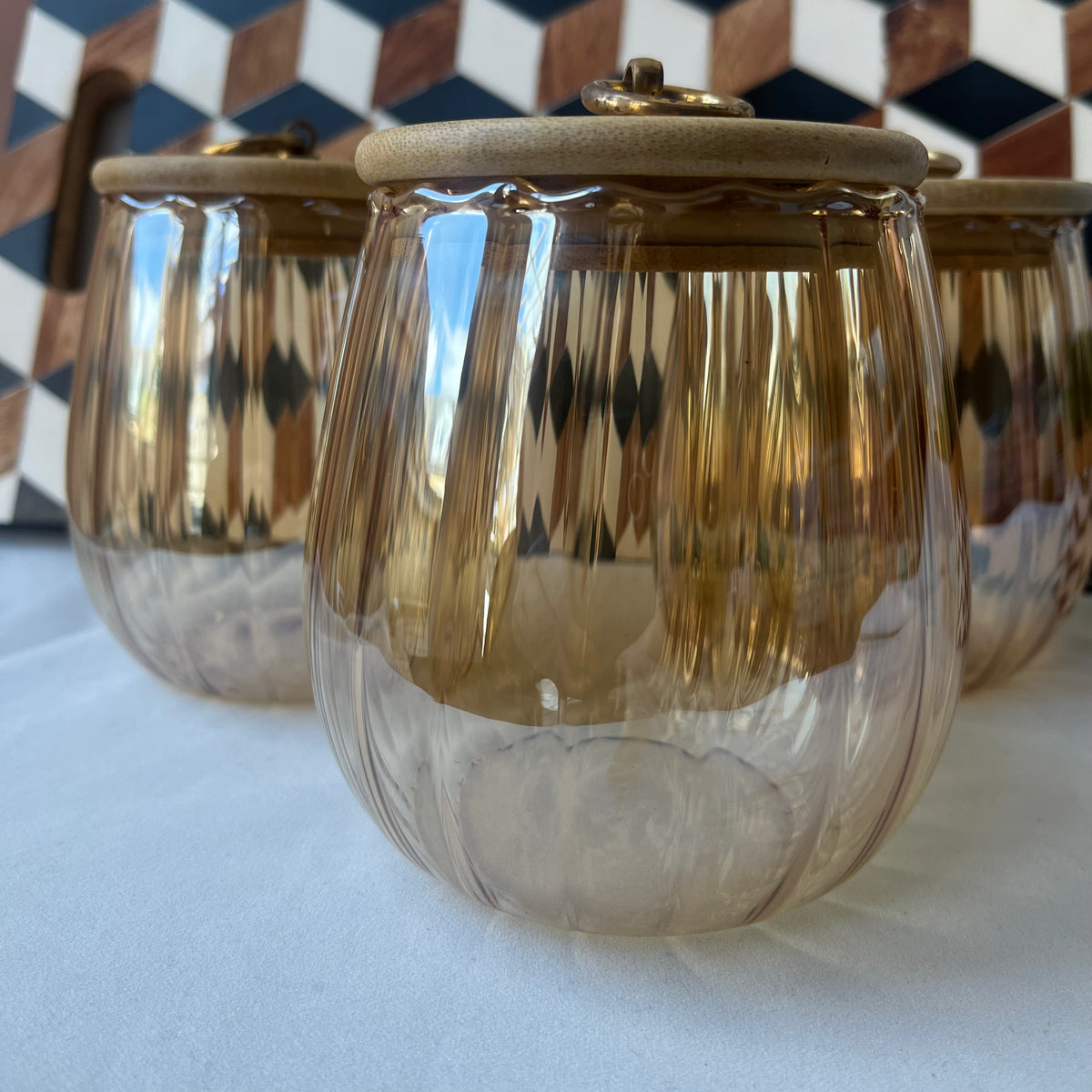 Cherish Home Elegant Ribbed Glass Tea Storage Jar with Bamboo Lid & Gold Accent