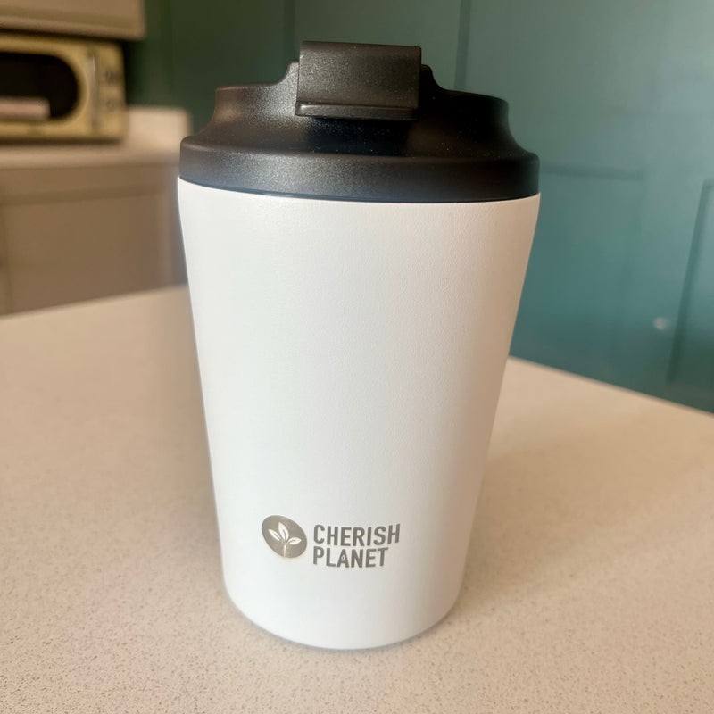 Cherish Planet White Coffee Mug 360ml - Portable Stainless Steel 12oz Coffee Cup for Home & Office
