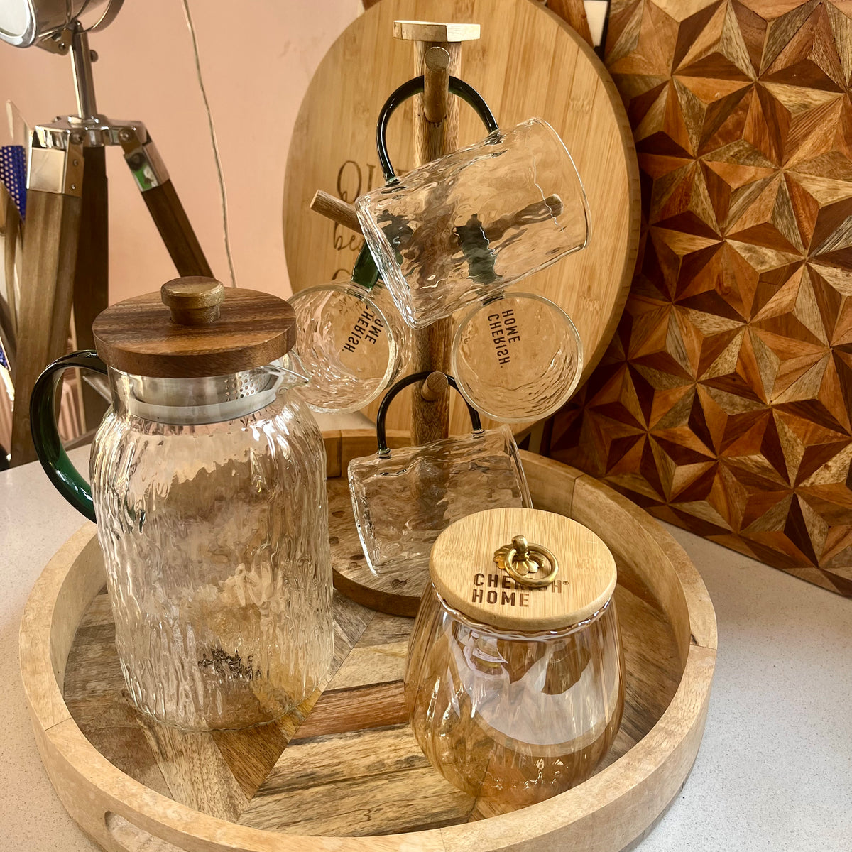 Cherish Home Elegant Ribbed Glass Tea Storage Jar with Bamboo Lid & Gold Accent