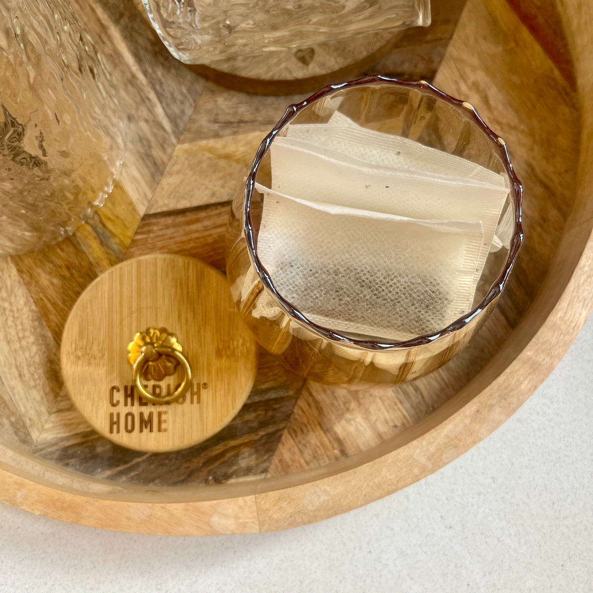 Cherish Home Elegant Ribbed Glass Tea Storage Jar with Bamboo Lid & Gold Accent