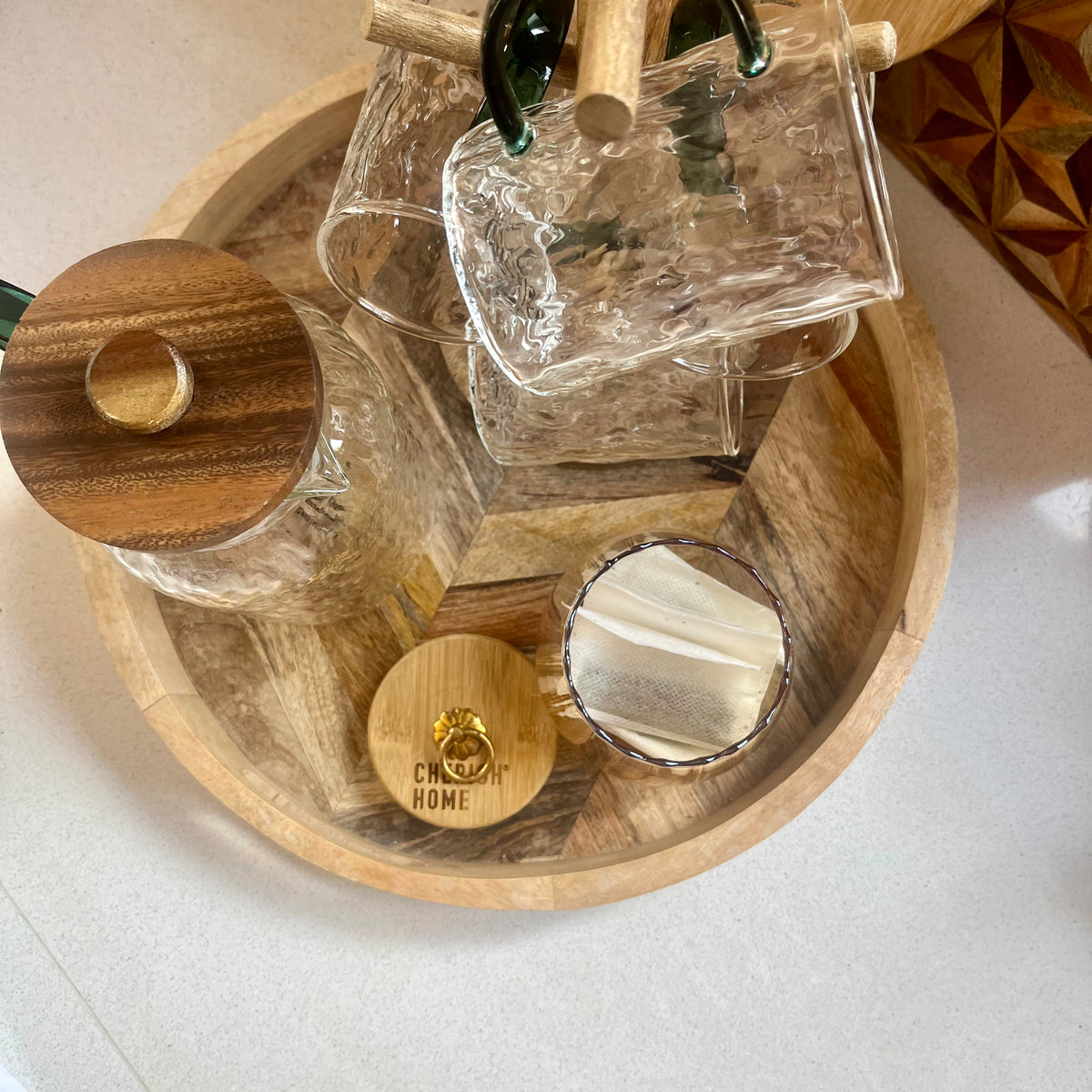 Cherish Home Elegant Ribbed Glass Tea Storage Jar with Bamboo Lid & Gold Accent