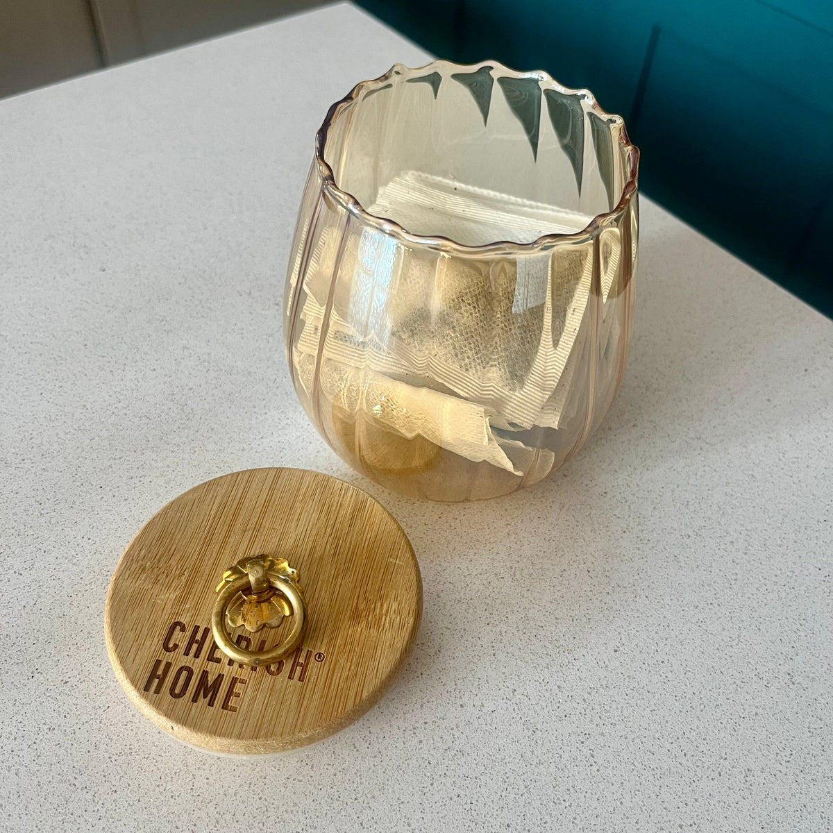 Cherish Home Elegant Ribbed Glass Tea Storage Jar with Bamboo Lid & Gold Accent