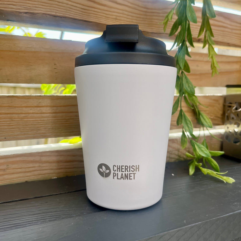 Cherish Planet White Coffee Mug 360ml - Portable Stainless Steel 12oz Coffee Cup for Home & Office