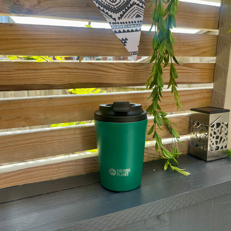 Cherish Planet Green Coffee Mug 360ml - Portable Stainless Steel 12oz Coffee Cup for Home & Office