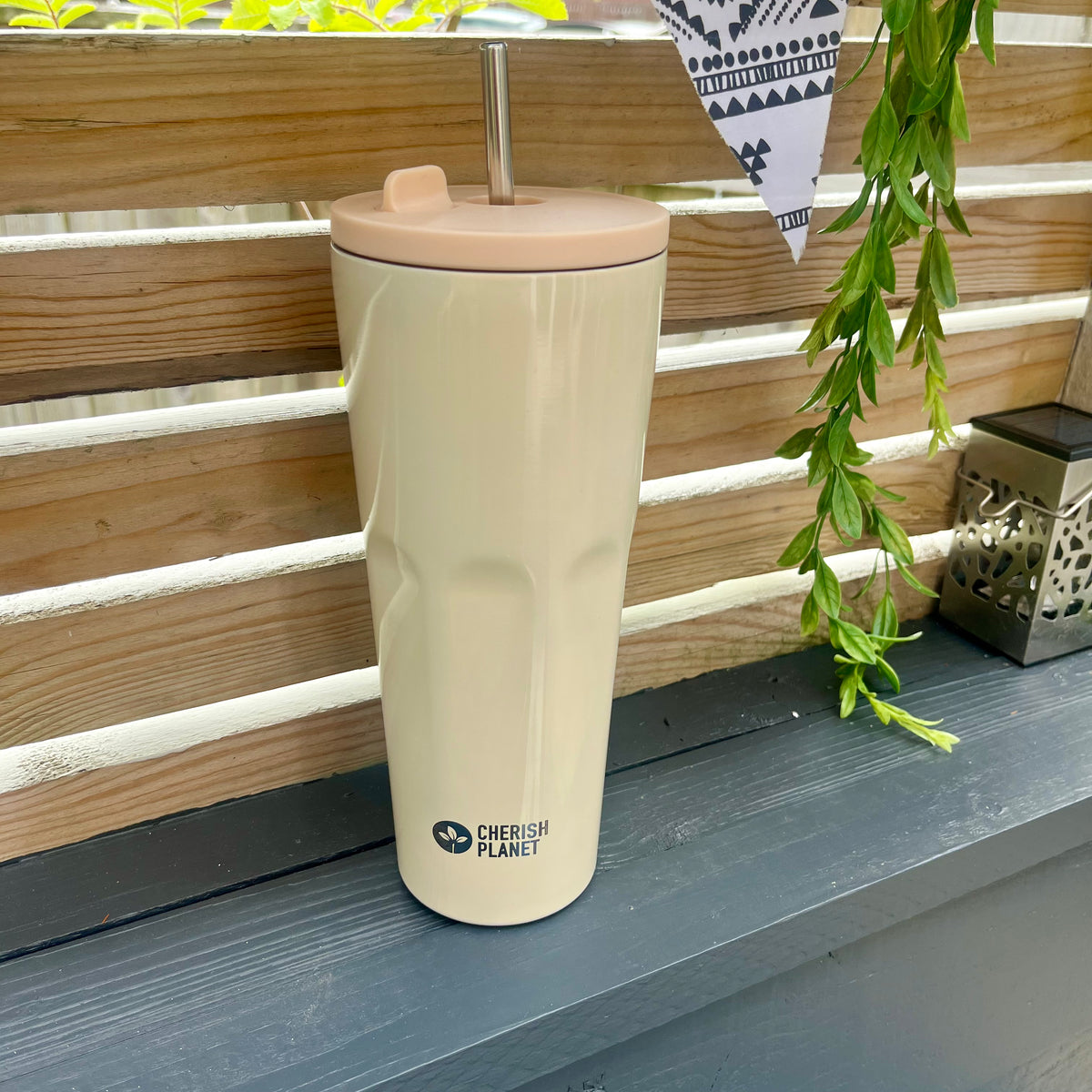 Cherish Planet Beige Thermos Cup with Built-in Straw 700ml - Large Capacity, Leak-Proof, Stylish