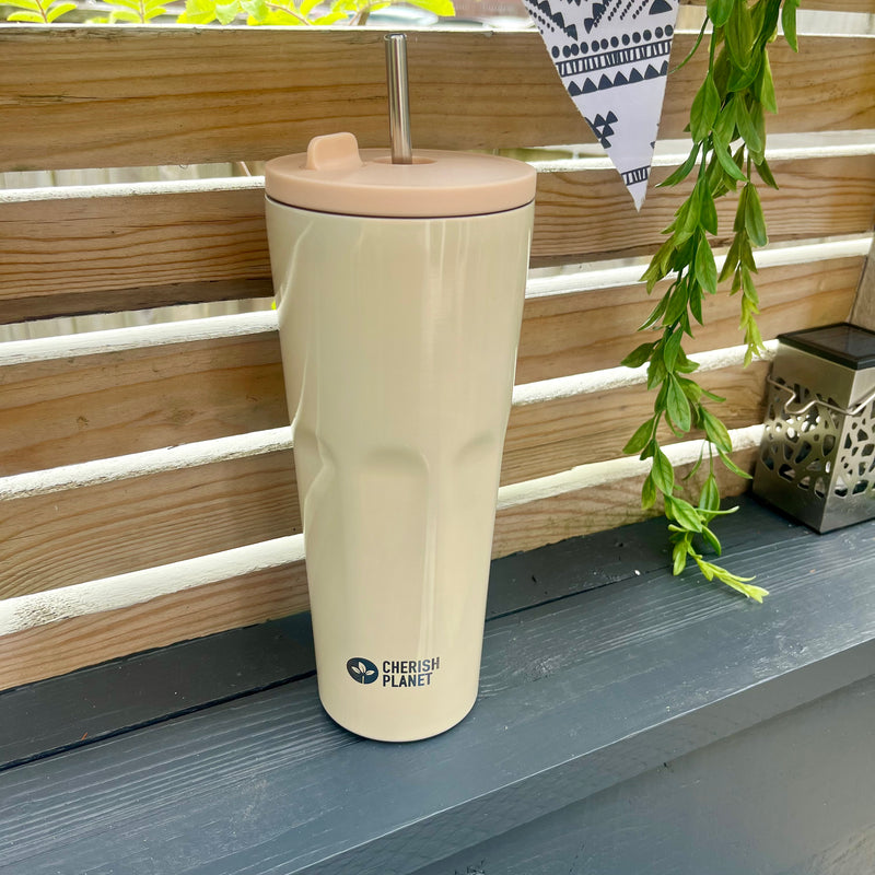 Cherish Planet Beige Thermos Cup with Built-in Straw 700ml - Large Capacity, Leak-Proof, Stylish