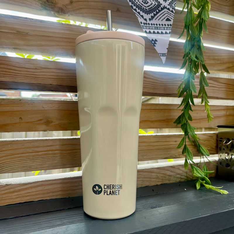 Cherish Planet Beige Thermos Cup with Built-in Straw 700ml - Large Capacity, Leak-Proof, Stylish