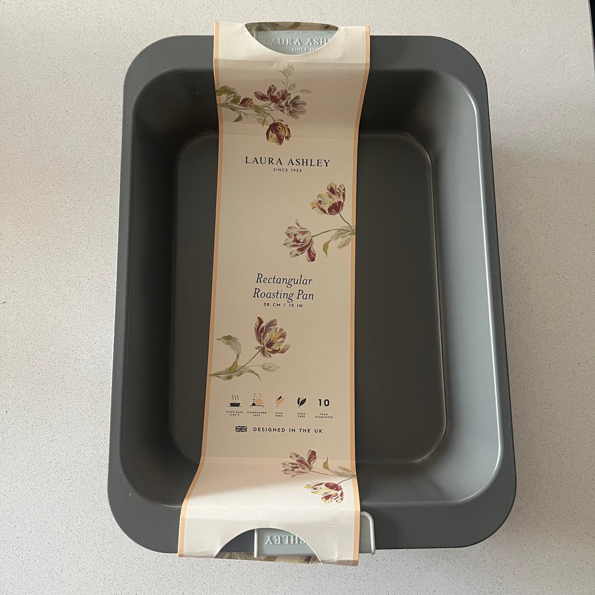 Rectangular roasting pan with Laura Ashley packaging on a light gray background