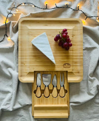 Bamboo Cheese Board & Cheese Knife Set with Slide-out Drawer