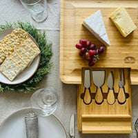 Bamboo Cheese Board & Cheese Knife Set with Slide-out Drawer