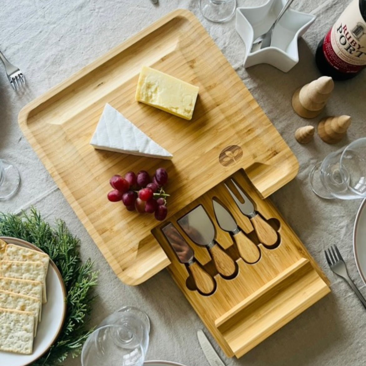 Bamboo Cheese Board & Cheese Knife Set with Slide-out Drawer