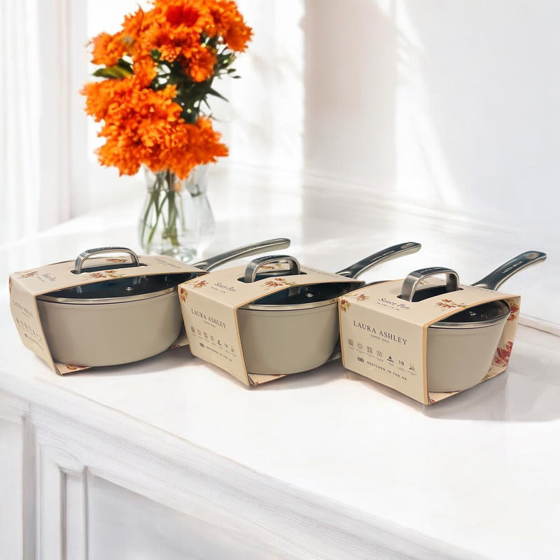 3-Piece Laura Ashley Cookware Set of Cooking Pans Dark Dove Grey