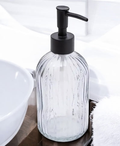 Modern Smoked Glass Lotion Dispenser, refillable Clear Grey Liquid Soap Bottle for Kitchen Sink, Bathroom, Vanity
