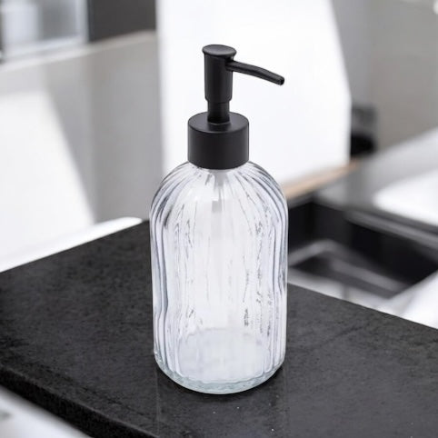 Modern Smoked Glass Lotion Dispenser, refillable Clear Grey Liquid Soap Bottle for Kitchen Sink, Bathroom, Vanity