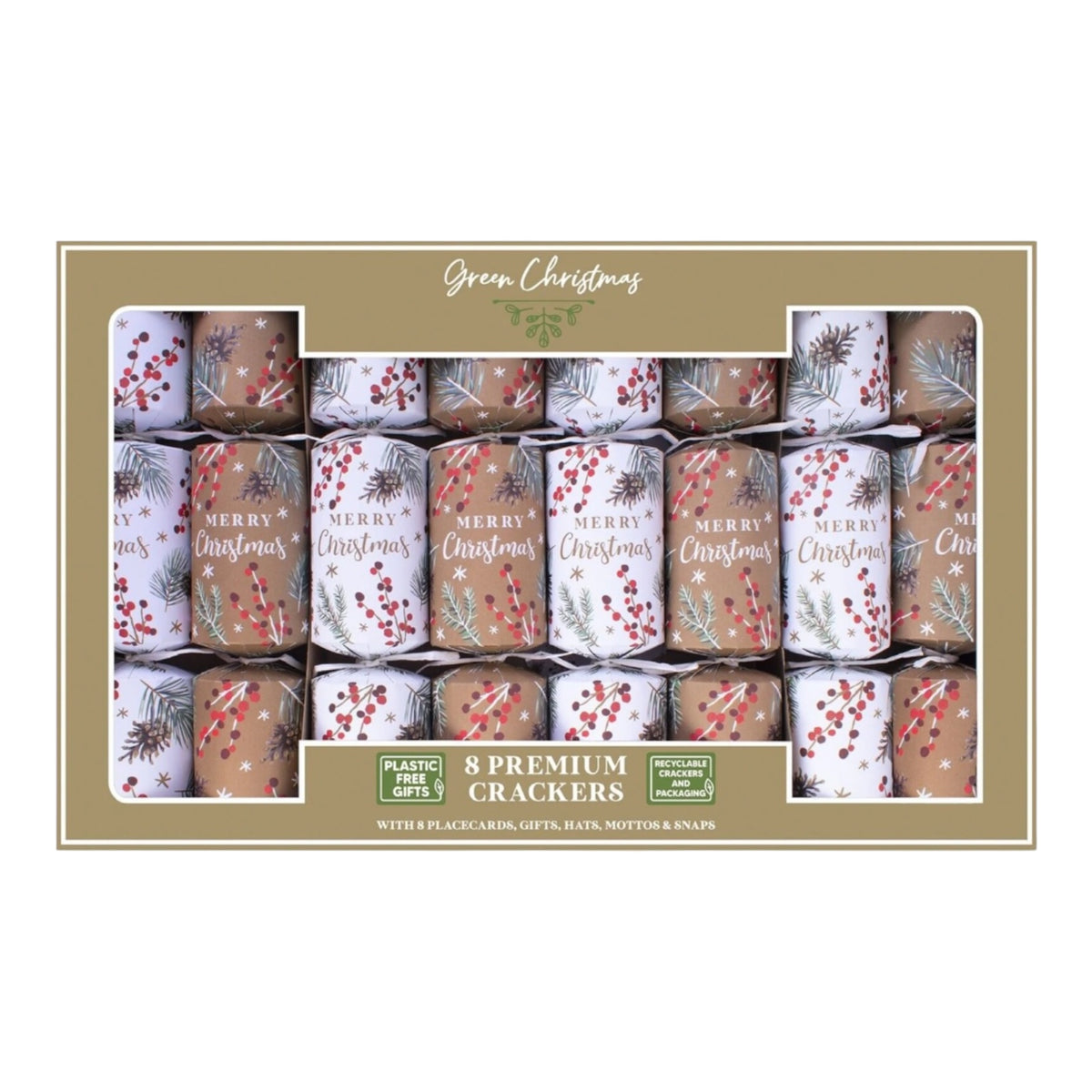 Pack of 8 Eco-Friendly Luxury Christmas Crackers, Brown & White (32cm)