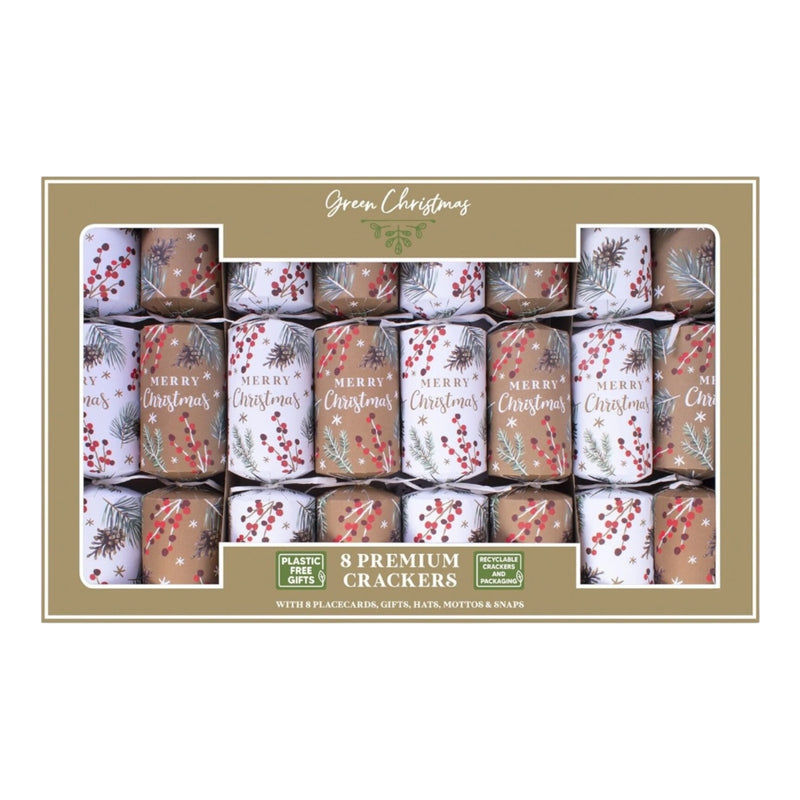 Pack of 8 Eco-Friendly Luxury Christmas Crackers, Brown & White (32cm)
