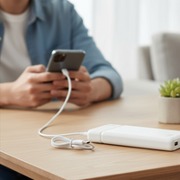A white portable power bank connected to a smartphone via a white charging cable, sitting on a light wood table in a modern, softly lit room. A person is visible in the background, out of focus, looking at their phone.
