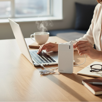 A woman works at a wooden desk in a bright room, using a laptop and charging a white portable power bank. A steaming mug, glasses, and a notebook are on the desk nearby.