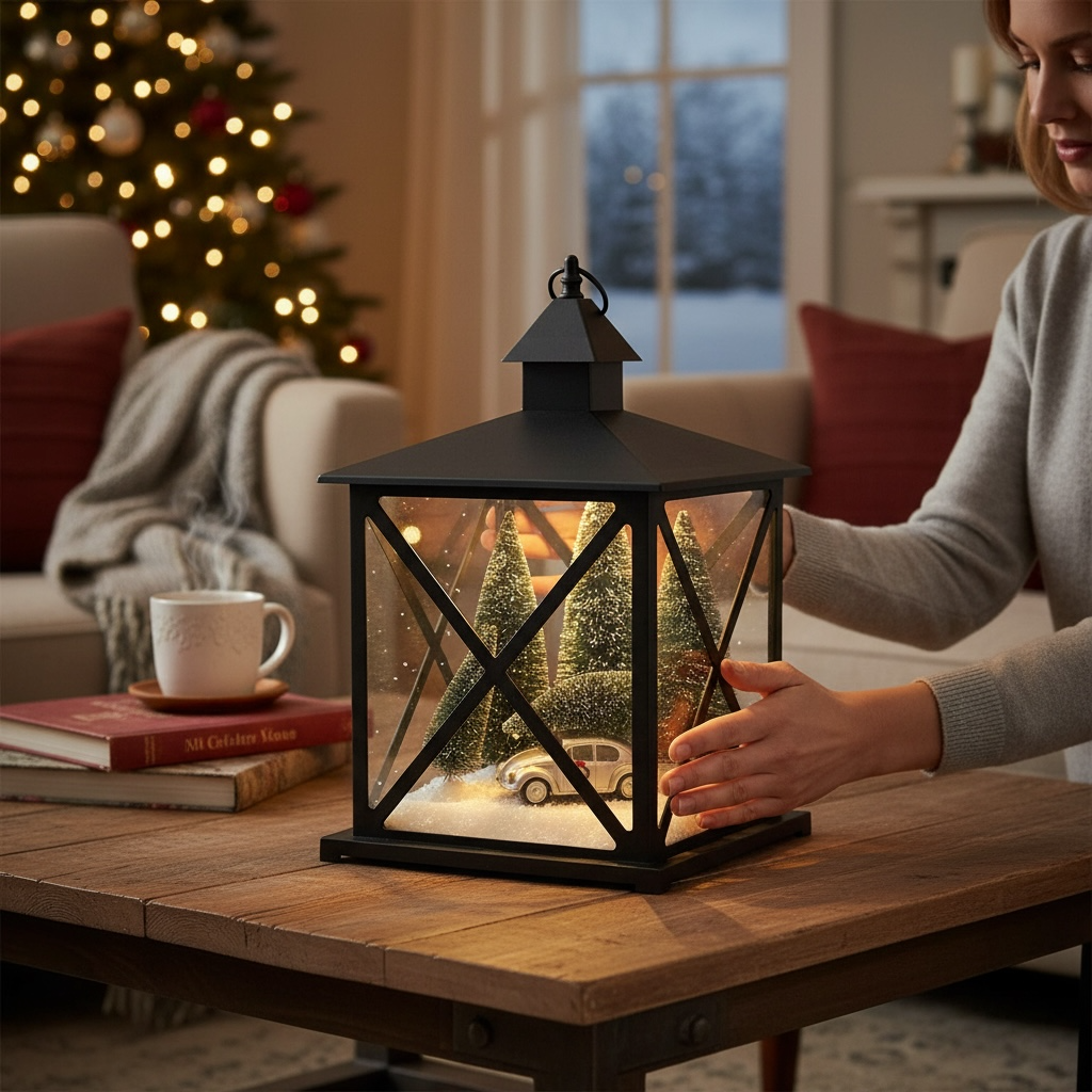 Large LED Christmas Snow Lantern Car Black