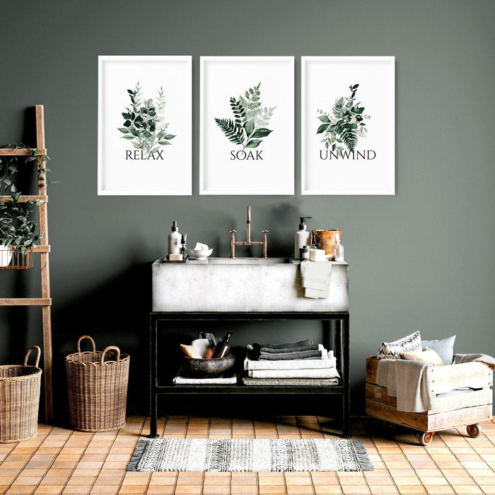 Aesthetic Bathroom Wall Decor - Set of 3 Framed Botanical Art Prints | Calming Greenery for Guest Bath, Powder Room - Cherish Home