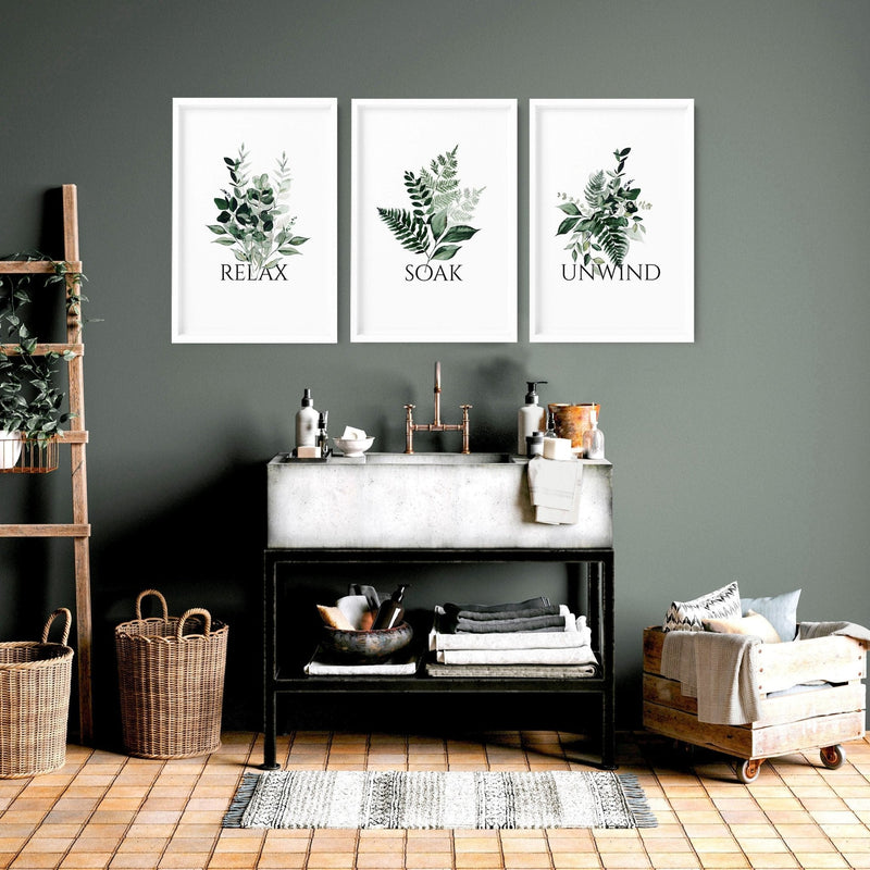 Aesthetic Bathroom Wall Decor - Set of 3 Framed Botanical Art Prints | Calming Greenery for Guest Bath, Powder Room - Cherish Home