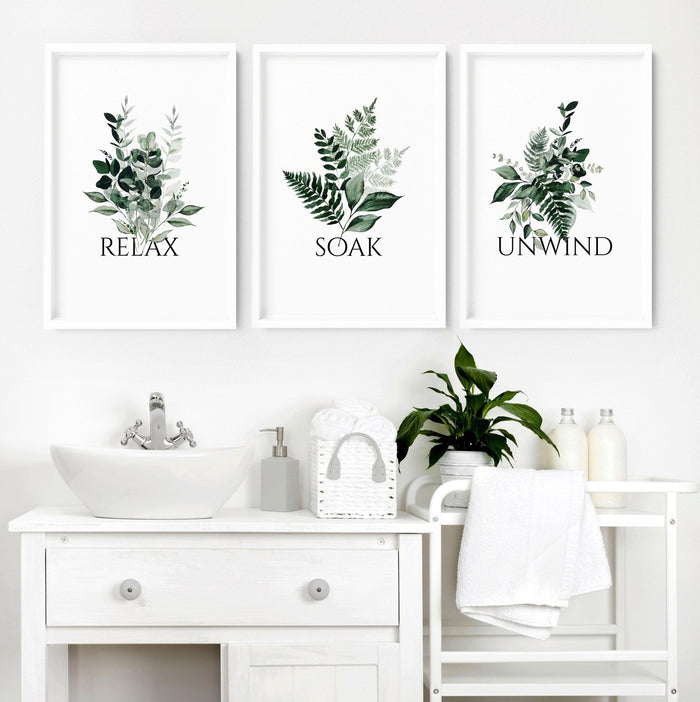 Aesthetic Bathroom Wall Decor - Set of 3 Framed Botanical Art Prints | Calming Greenery for Guest Bath, Powder Room - Cherish Home