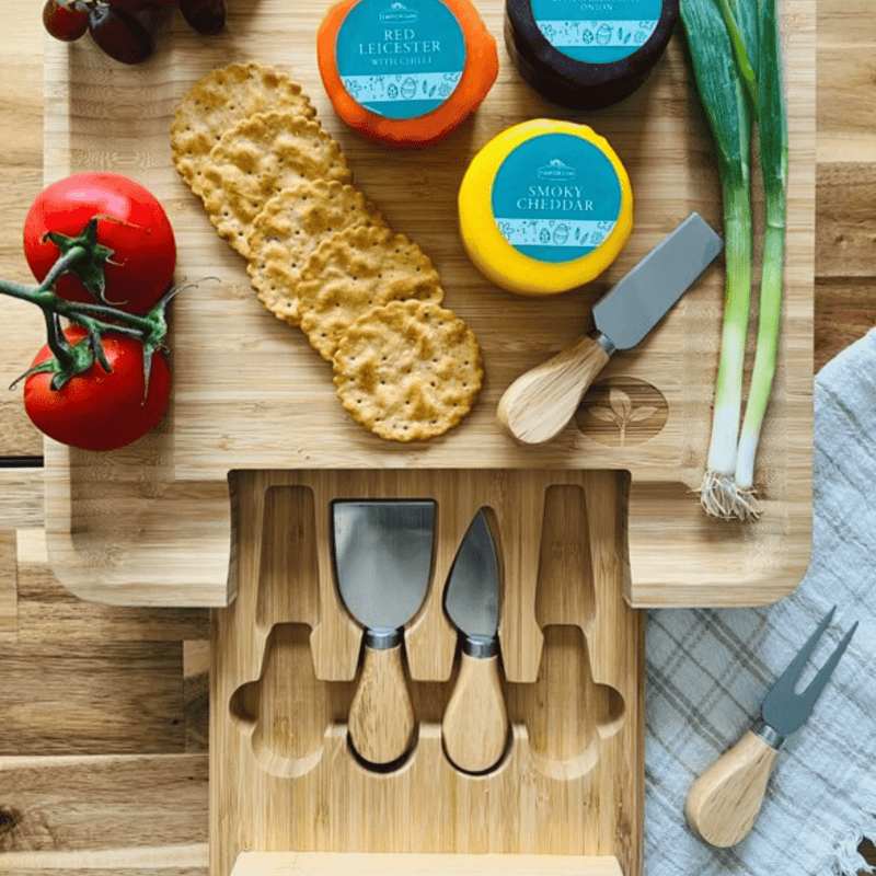 Bamboo Cheese Board & Cheese Knife Set with Slide - out Drawer - Cherish Home