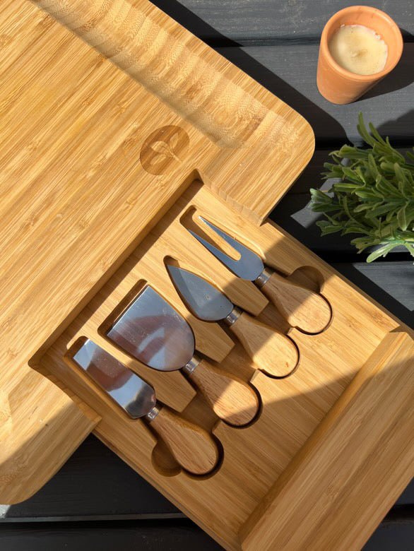 Bamboo Cheese Board & Cheese Knife Set with Slide - out Drawer - Cherish Home