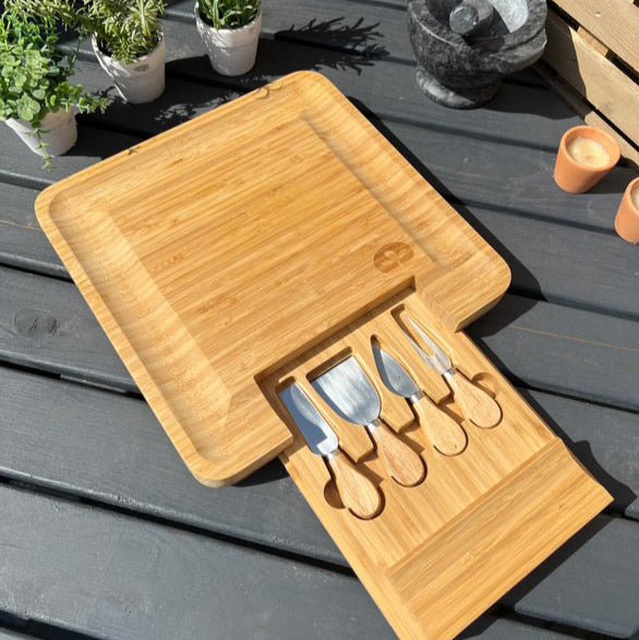 Bamboo Cheese Board & Cheese Knife Set with Slide - out Drawer - Cherish Home