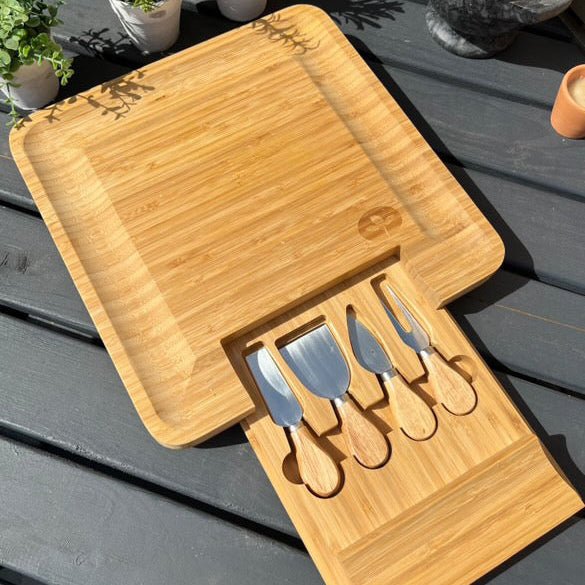 Bamboo Cheese Board & Cheese Knife Set with Slide - out Drawer - Cherish Home