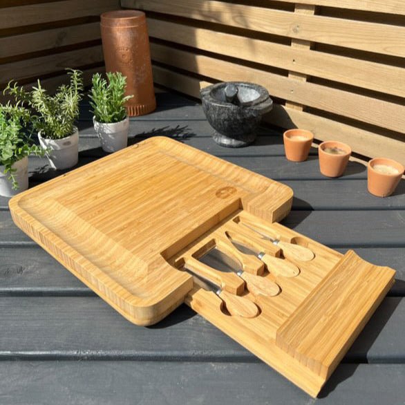 Bamboo Cheese Board & Cheese Knife Set with Slide - out Drawer - Cherish Home