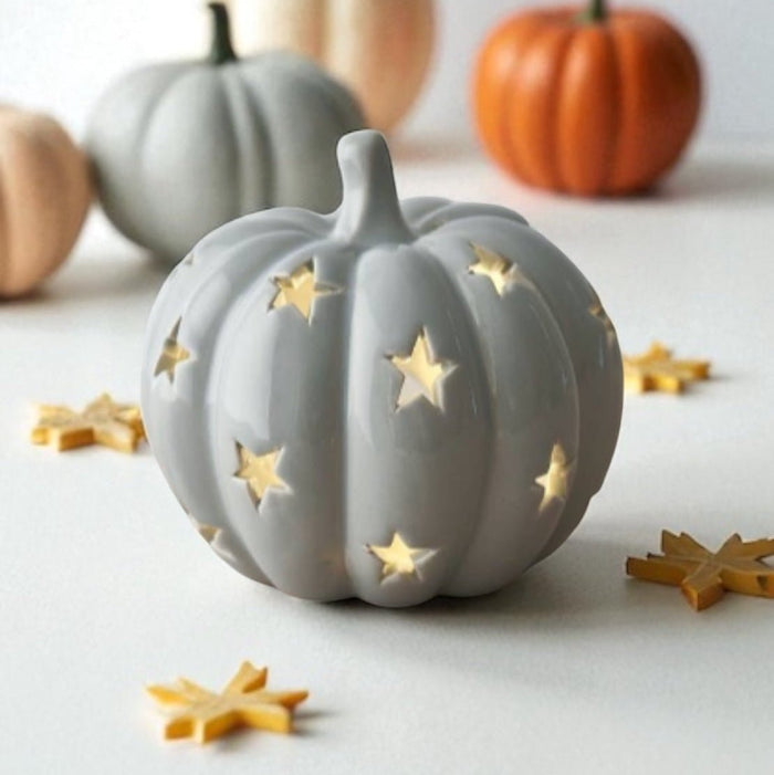 Ceramic Grey Pumpkin Tealight Candle Holder - Autumn & Halloween Decor - 10.8cm - Cherish Home
