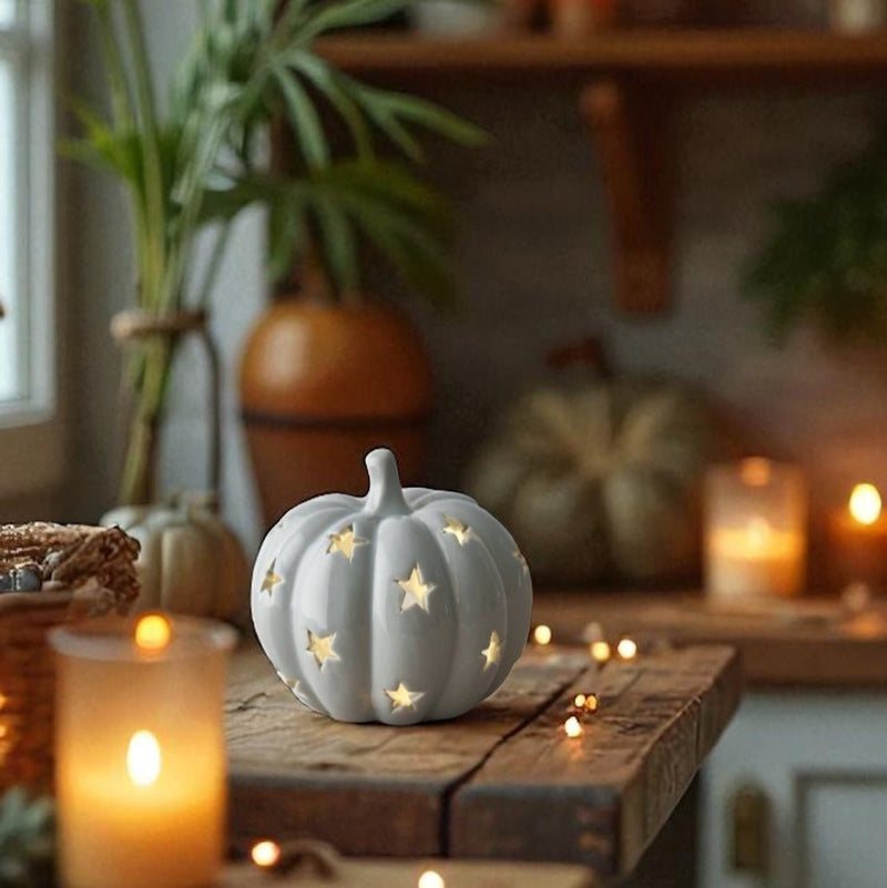 Ceramic Grey Pumpkin Tealight Candle Holder - Autumn & Halloween Decor - 10.8cm - Cherish Home