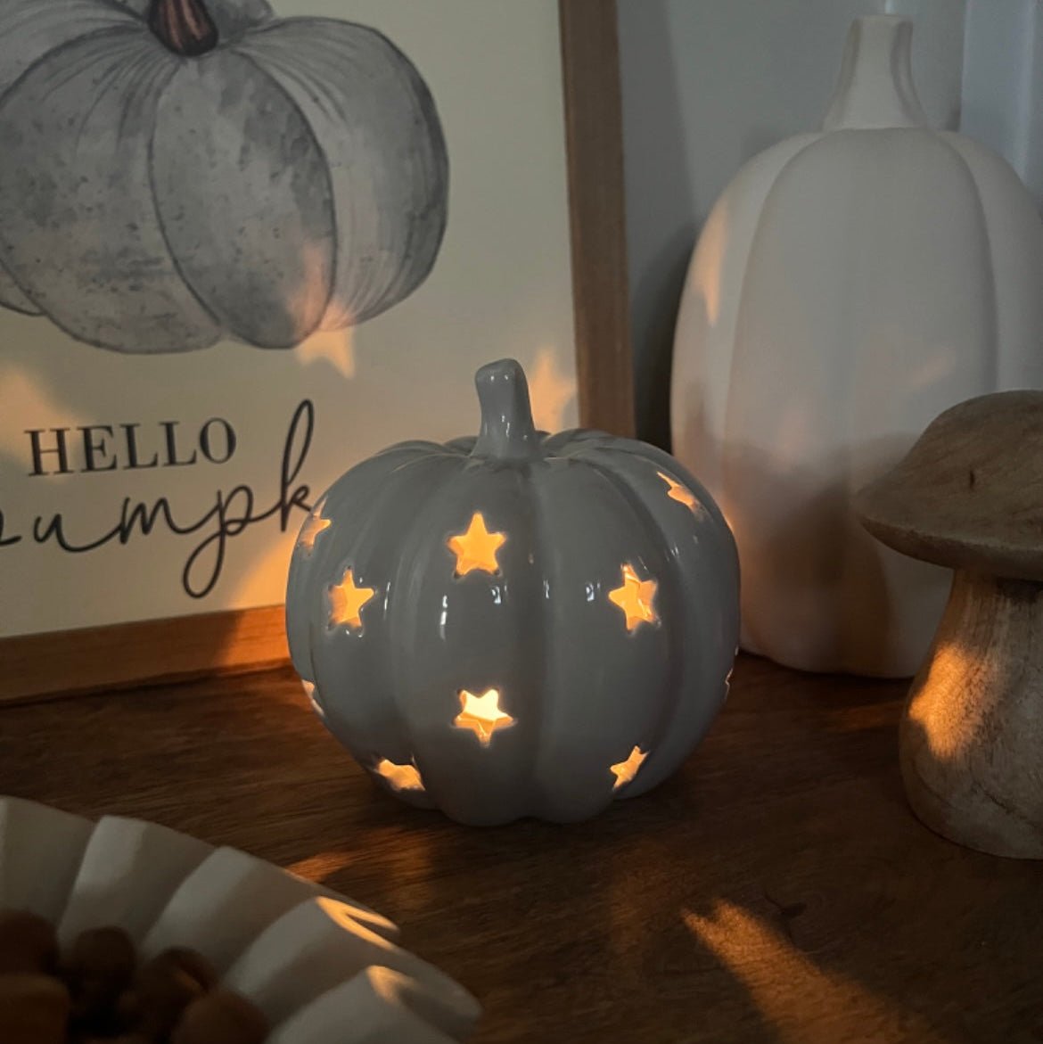 Ceramic Grey Pumpkin Tealight Candle Holder - Autumn & Halloween Decor - 10.8cm - Cherish Home