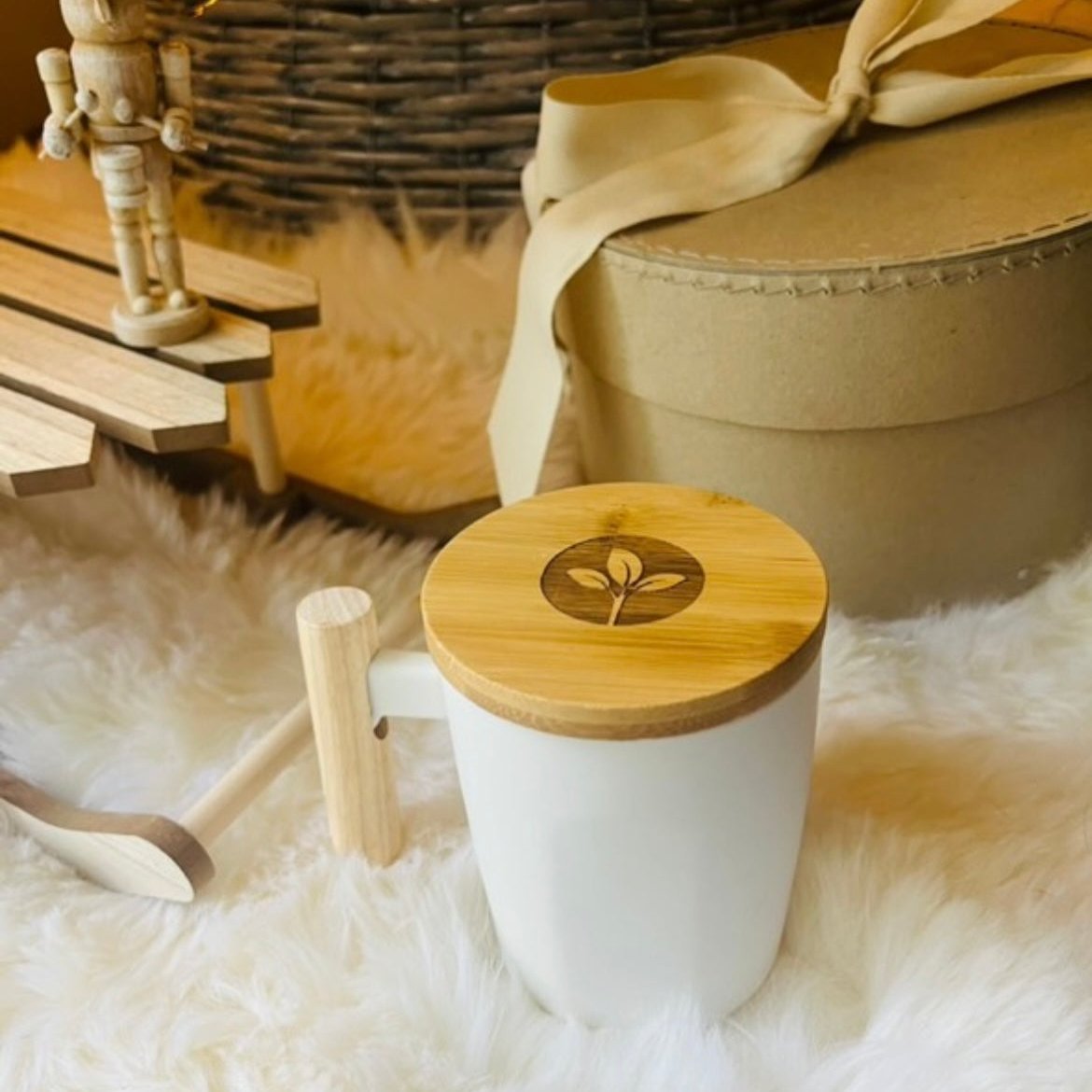 Ceramic White Cup with Bamboo Handle and Removable Lid (480ml) - Cherish Home