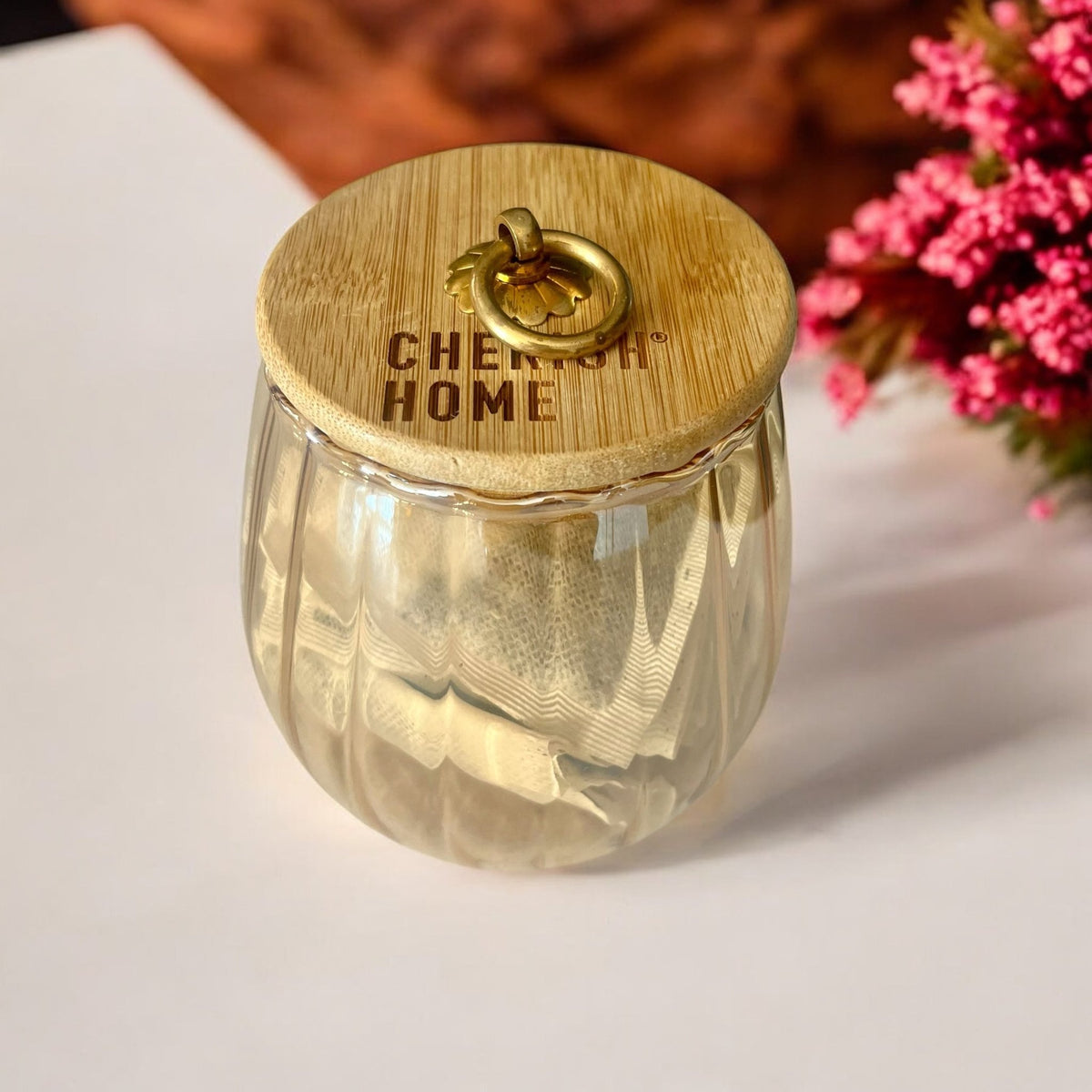 Cherish Home Elegant Ribbed Glass Tea Storage Jar with Bamboo Lid & Gold Accent - Cherish Home