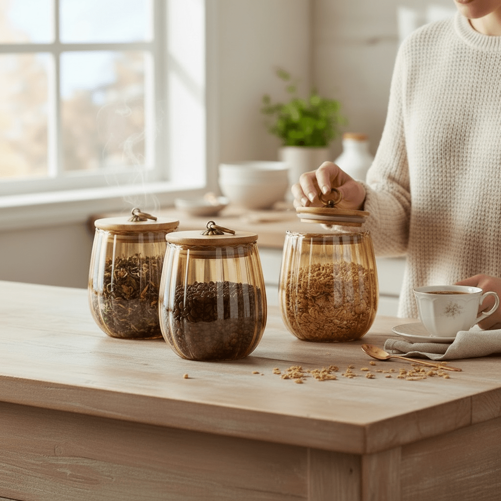 Cherish Home Elegant Ribbed Glass Tea Storage Jar with Bamboo Lid & Gold Accent - Cherish Home