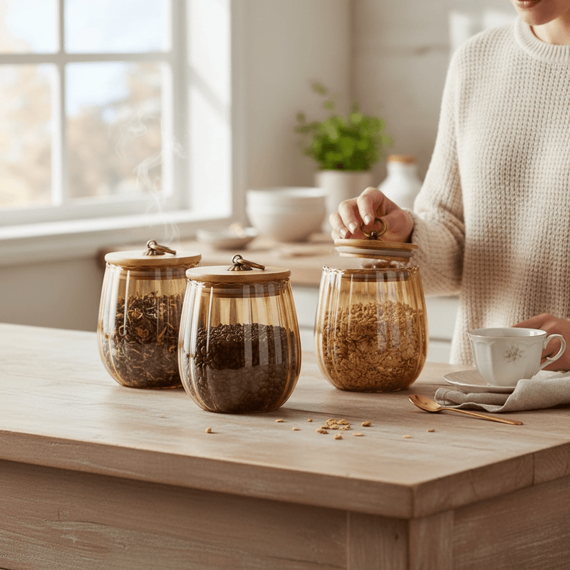 Cherish Home Elegant Ribbed Glass Tea Storage Jar with Bamboo Lid & Gold Accent - Cherish Home