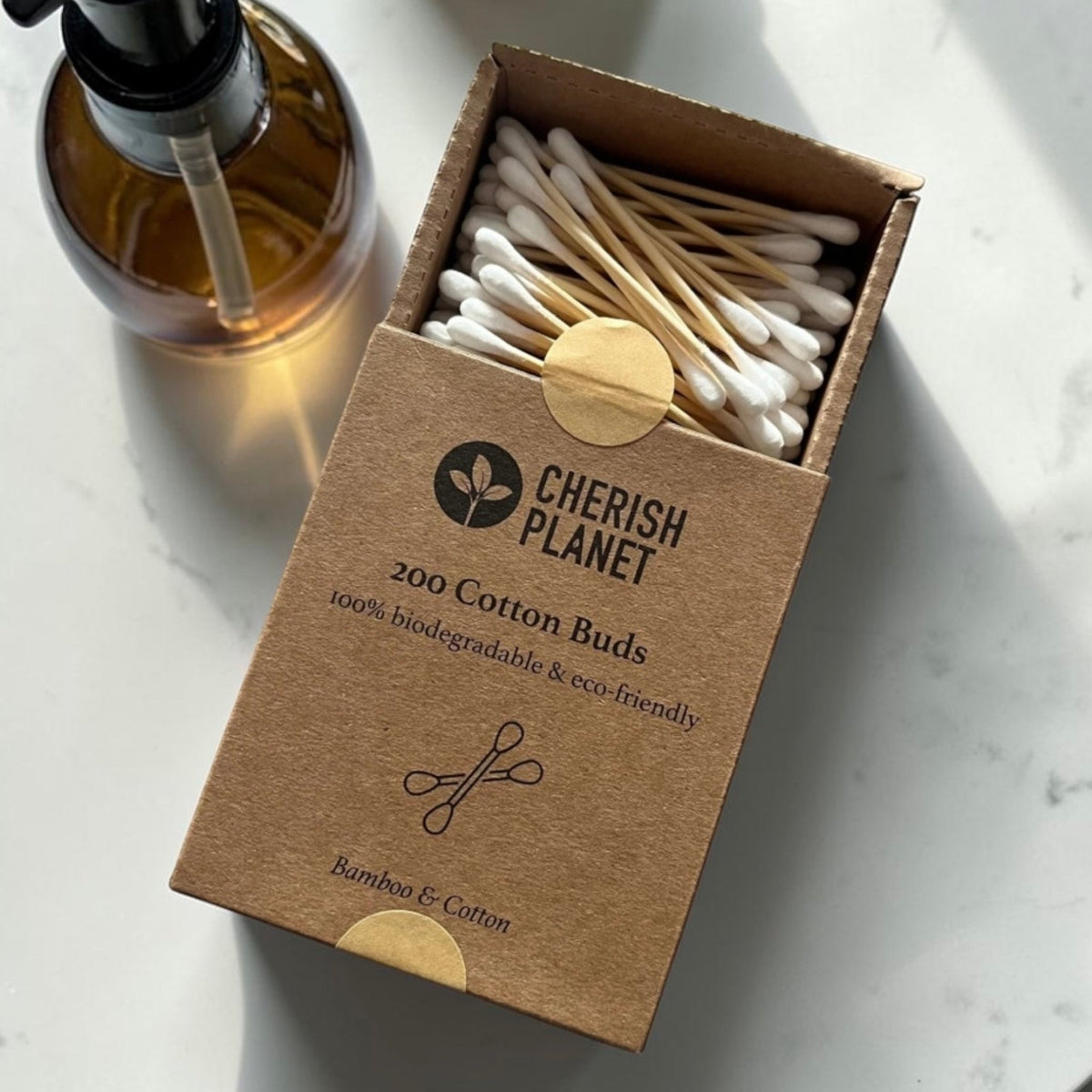 Cherish Planet Bamboo Cotton Buds (Pack of 200) 100% Biodegradable Swabs for Ears, Makeup & Skincare, Eco Friendly Hypoallergenic Natural Cotton Q tips with Recyclable Box - Cherish Home