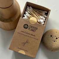 Cherish Planet Bamboo Cotton Buds (Pack of 200) 100% Biodegradable Swabs for Ears, Makeup & Skincare, Eco Friendly Hypoallergenic Natural Cotton Q tips with Recyclable Box - Cherish Home