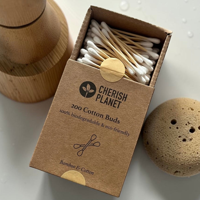 Cherish Planet Bamboo Cotton Buds (Pack of 200) 100% Biodegradable Swabs for Ears, Makeup & Skincare, Eco Friendly Hypoallergenic Natural Cotton Q tips with Recyclable Box - Cherish Home