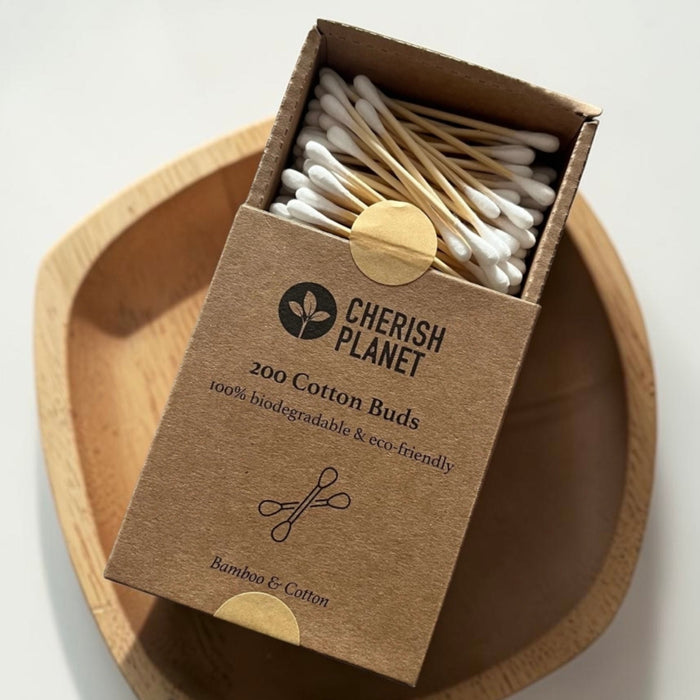 Cherish Planet Bamboo Cotton Buds (Pack of 200) 100% Biodegradable Swabs for Ears, Makeup & Skincare, Eco Friendly Hypoallergenic Natural Cotton Q tips with Recyclable Box - Cherish Home