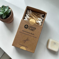 Cherish Planet Bamboo Cotton Buds (Pack of 200) 100% Biodegradable Swabs for Ears, Makeup & Skincare, Eco Friendly Hypoallergenic Natural Cotton Q tips with Recyclable Box - Cherish Home
