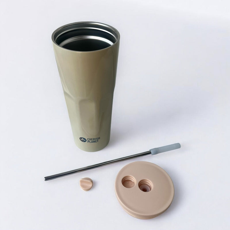 Cherish Planet Beige Thermos Cup with Built - in Straw 700ml - Large Capacity, Leak - Proof, Stylish - Cherish Home